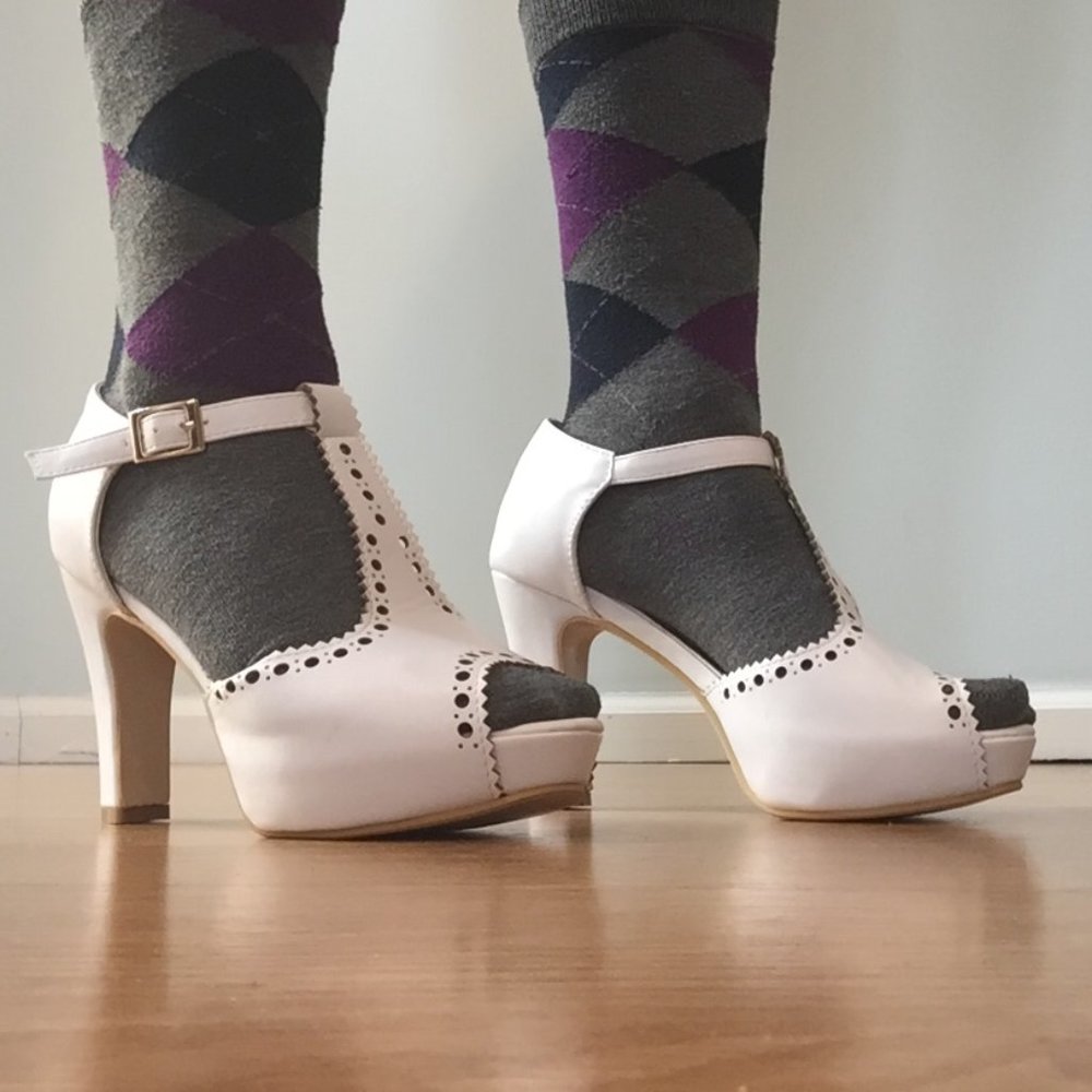 White T-strap cut-out faux leather platform heels